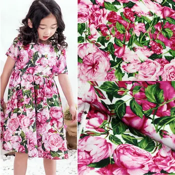 

100x145cm Pink Rose Flowers Green Leaves Cotton Fabric For Woman Gril Summer Dresses Skirts Shirt Pants Sewing DIY