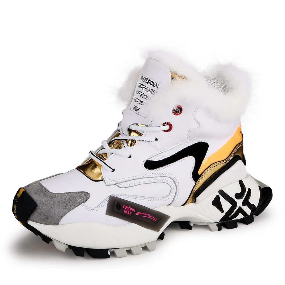 Womens Genuine Leather Real Mink Fur Sneakers Warm Winter Platform Casual Korean Style Match Colors High Top Shoes Black White