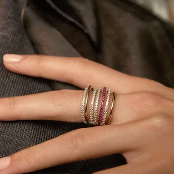 

Baoyocn August New 925 Sterling Silver Yellow Gold Color White & Burgundy Red Cubic Zirconia 7 Hoop Circles Finger Ring Women