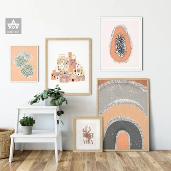 

Abstract Boho Style Rainbow Wall Art Burnt Orange Canvas Painting Leaves Poster Print Pictures for Living Room Home Decoration