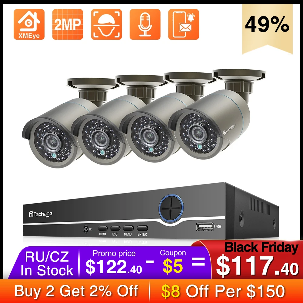 

Techage H.265 4CH 2MP POE NVR Kit 1080P Security Camera Set P2P CCTV Video Surveillance System Outdoor Audio Record IP Camera