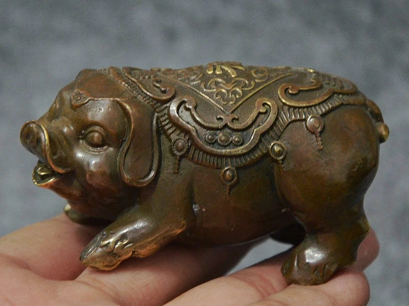 Народное искусство Китая бронзовая Медь богатство Зодиак Год Cai Fu Happy Pig статуя скульптура размер: 6x3x2 см