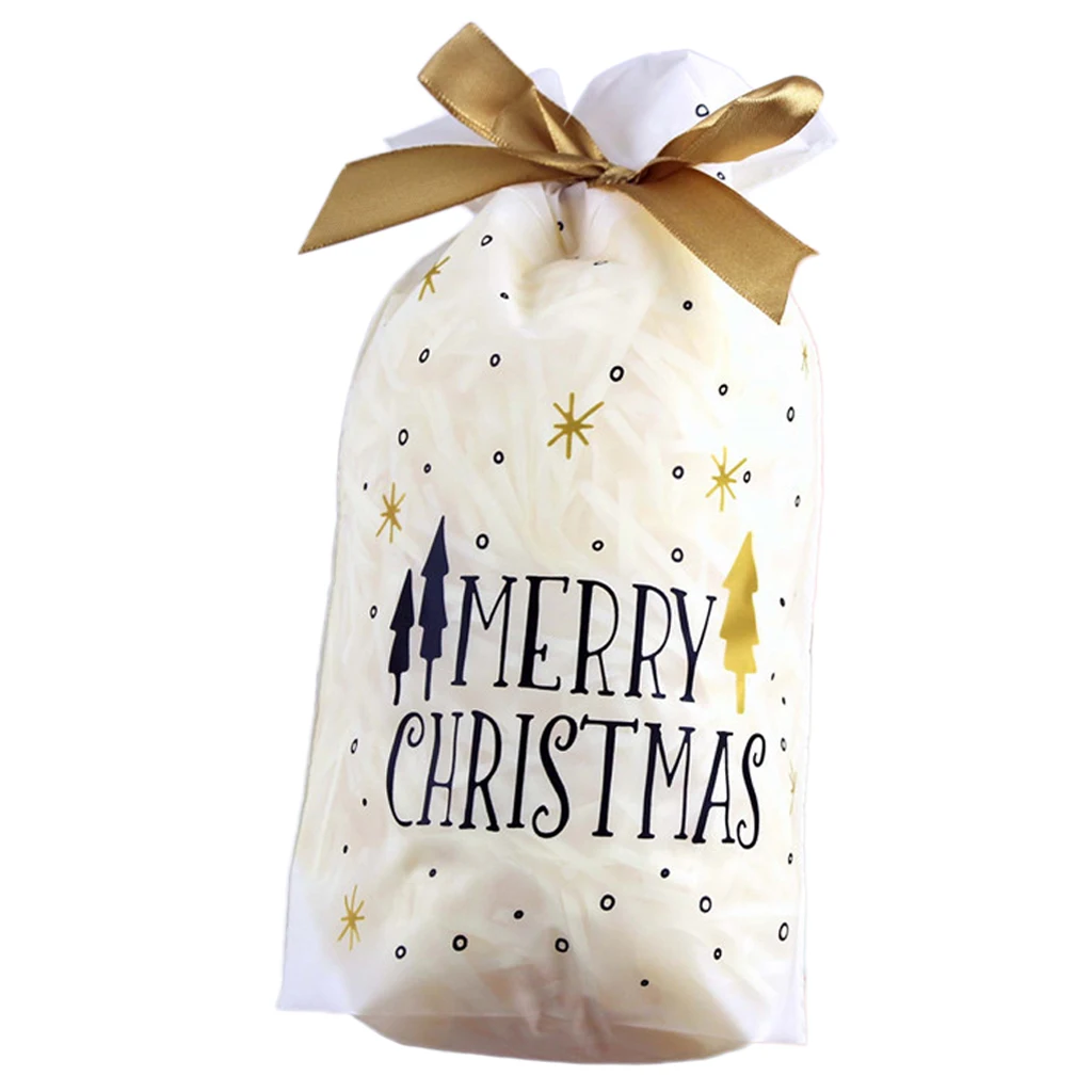 10Pcs Merry Christmas Rectangle Plastic Candy Bags With Ribbon Drawstring Letters Xmas Tree Printed Cookie Container Wedding