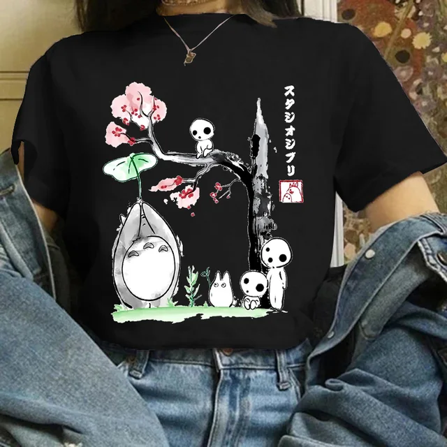 Totoro Studio Ghibli Harajuku Kawaii T Shirt Women Ullzang Miyazaki Hayao Tshirt Funny Cartoon T-shirt Cute Anime Top Tee Female black-872