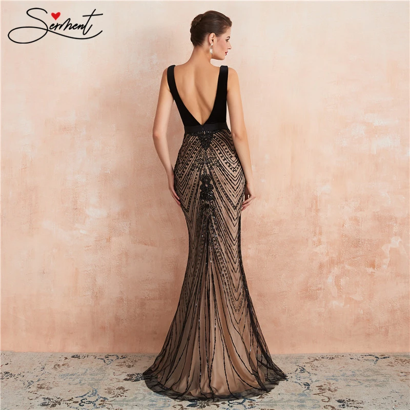Роскошное длинное вечернее платье русалки с кружевным v-образным вырезом, подходит для всех особых случаев, пикантная черная тонкая линия