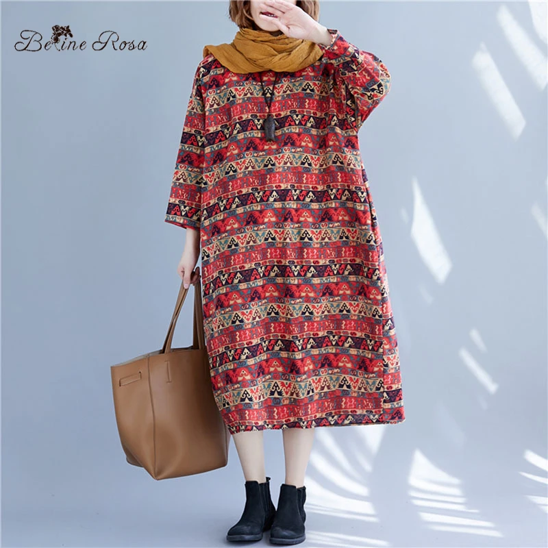 

BelineRosa Retro Striped Printing Cotton Linen Dresses Christmas Red Geometric BSDM0299