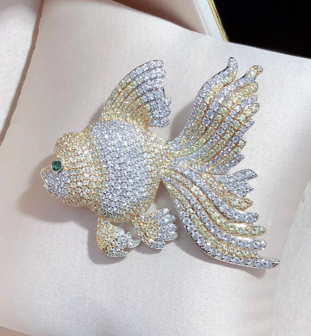 Women's 1pc 38x45mm golden plated Mixed Color Cz micro fish brooch