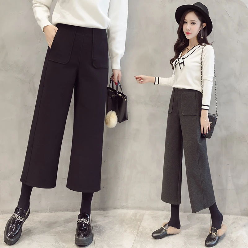 

Autumn Winter Women Ankle-Length Harem Pants Warm Elastic Waist Woolen Pants Female Wide Leg Pants Casual Trousers Black