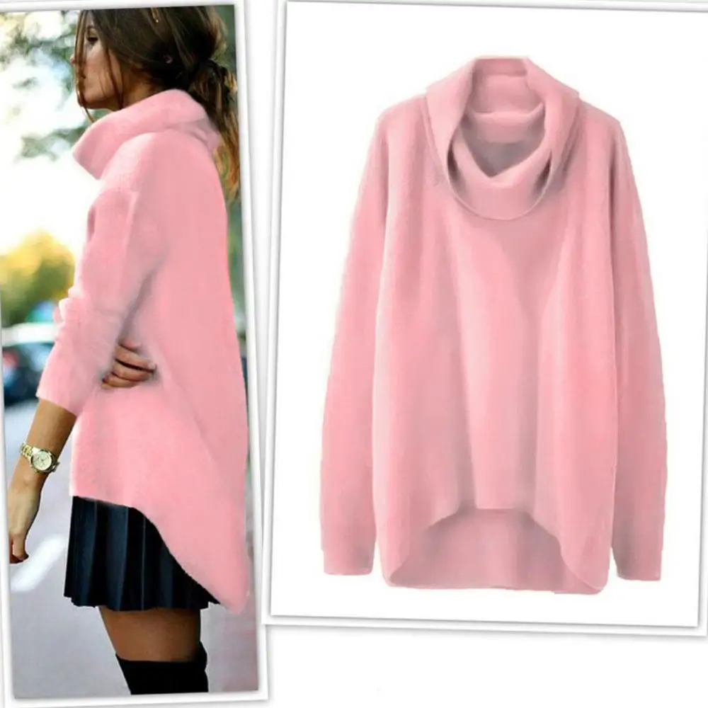 

Fashion Women Sweater Solid High Collar Irregular Hem Long Sleeve Pullover Loose daily Sweater Autumn Winter Women Sweater to