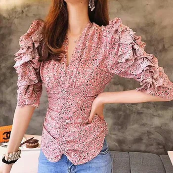 

V-neck ruffled printed women silk shirt fashion casual wild half sleeve slim lady shirt tops