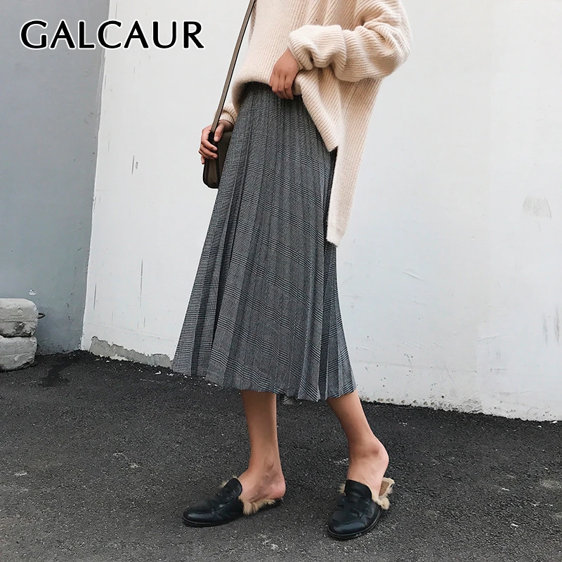 Женская плиссированная юбка с высокой талией GALCAUR винтажная клетчатая средней