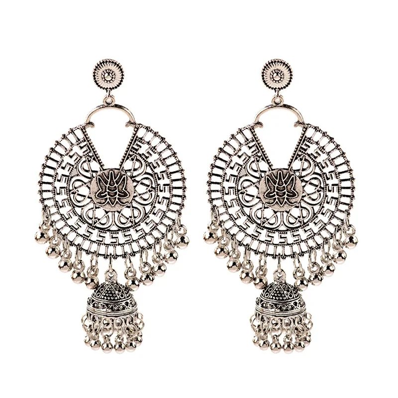 HXE121-2 OIQUEI, индийские ювелирные серьги Jhumka, бохо, цыганское золото, серебро, металл, Большие колокольчики, длинные висячие серьги для женщин oorbellen - Окраска металла: HXE121-2