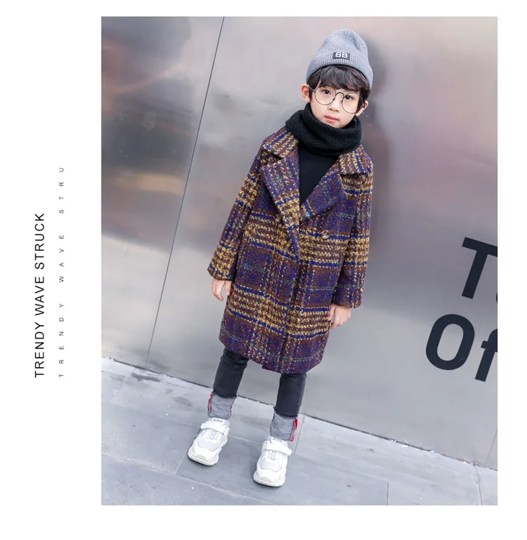 Детская Длинная шерстяная куртка, верхняя одежда осень-зима, новое плотное шерстяное пальто для мальчиков Повседневный клетчатый плащ для подростков, B322