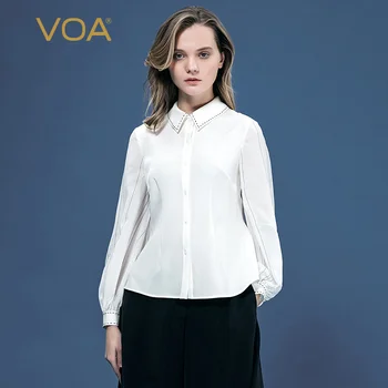 

VOA silk elastic heavy crepe collar single breasted long sleeve splicing open line decoration simple slim shirt b9063