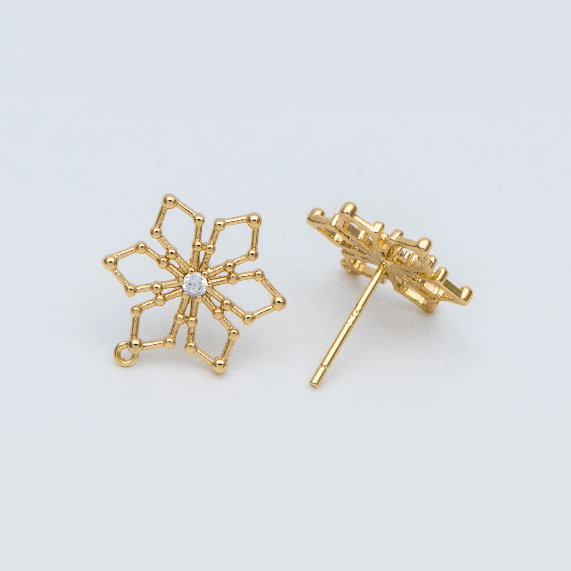 

CZ Paved Snowflake Ear Posts 15mm, Real Gold Plated Brass Earrings, Sterling Silver Stud (GB-740)/ 10pcs=5 pairs