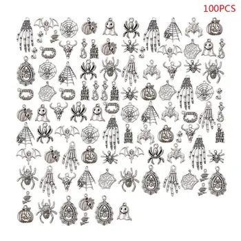 

100Pcs/Pack Random Mix Halloween Antique Alloy Skeleton Skull Charm Pendants Bracelet Jewelry DIY Crafts Accessory