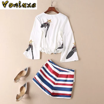 

New 2020 Spring Summer Fashion Runway Designer Two Pieces Sets Women Long Sleeve Striped Waist Print Blouses + Shorts Suit
