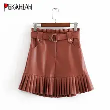 Сексуальные шикарные женские юбки из искусственной кожи с поясом, плиссированные юбки с высокой талией, повседневные уличные вечерние мини-юбки черного цвета, Faldas