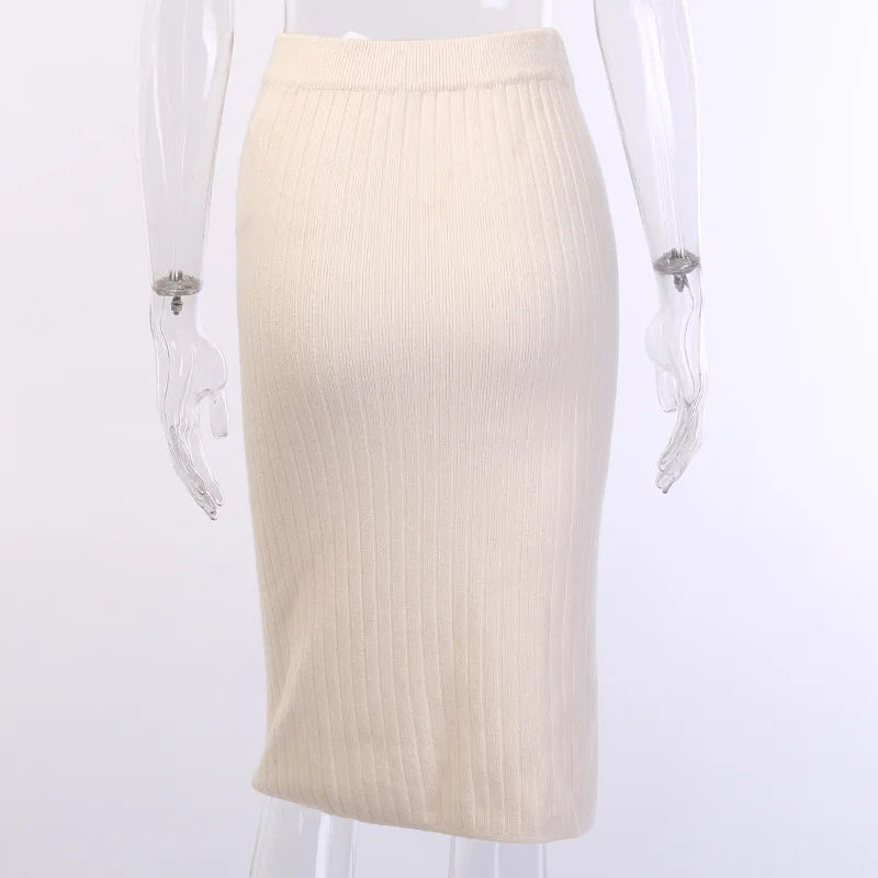 Длинные юбки-карандаш для женщин, осенняя одежда, повседневная облегающая теплая трикотажная юбка-свитер с высокой талией, белая прямая юбка в рубчик