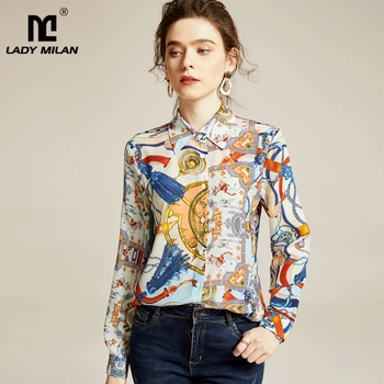 

100% Pure Silk Women's Shirts Turn Down Collar Printed Cartoons Long Sleeves Fashion Casual Blouse Shirt