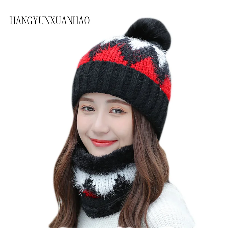 

2019 New Women Winter Warm Knitted Woolen Hat Warm Thick Windproof Balaclava Multi Functional Scarf Set For Women