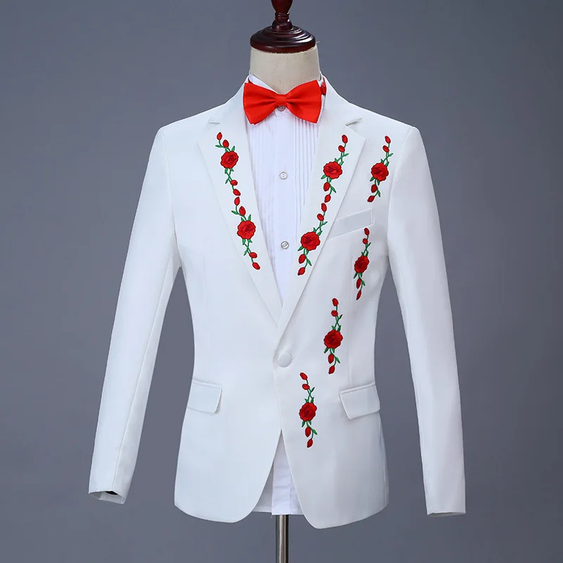 Red Rose Embroidery Man White Groom Wedding Suit Jacket with Pants Chorus Stage Performance Costumes Slim Fit Male Blazer Sets