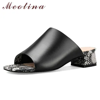 

Meotina Summer Slides Women Shoes Natural Genuine Leather Thick Heels Shoes Sheepskin Open Toe Slippers Lady Sandals Size 34-39