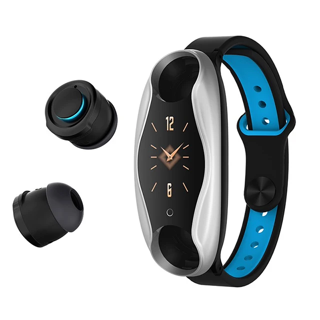 T90 фитнес-браслет Bluetooth 5,0 с беспроводными наушниками IP67 водонепроницаемые Siri WhatsApp спортивные Смарт-часы для IOS Android телефона - Цвет: Silver Blue