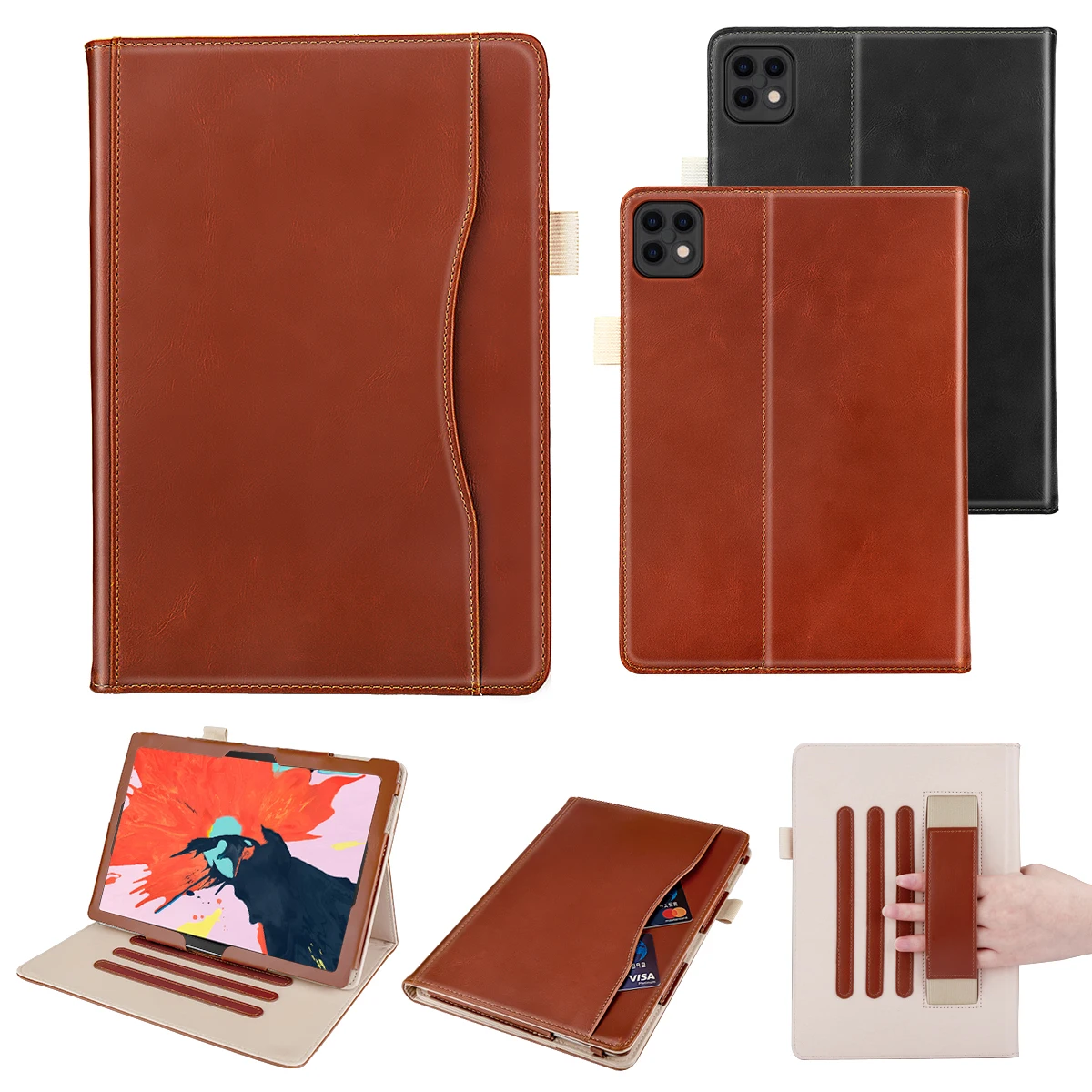 For iPad Pro 11 Inch 2020 Case PU Leather Magnetic Closure Flip Stand Cover Tablet Protector with Front Pocket and Hand Strap