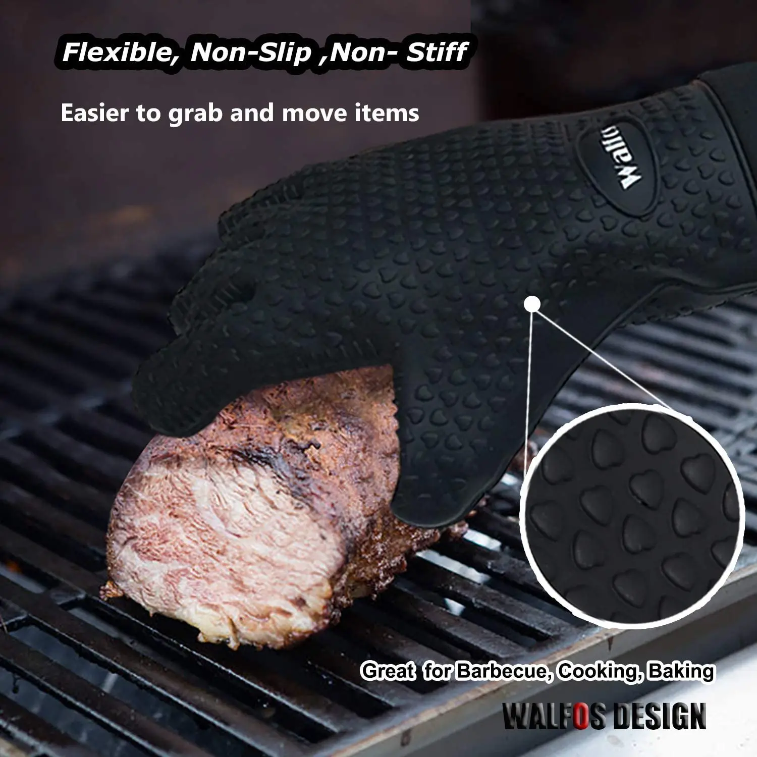 Walfos 1 Piece Long Silicone Kitchen Gloves Grill Gloves Heat Resistant Cooking For Grilling Microwave Oven Mitts