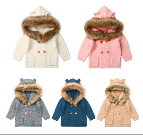 2019 New Fashion Baby Sweater Coat Cute Fur Collar Animal Hooded Knitting Autumn Winter Warm Clothes For Girl Boy | Детская одежда и