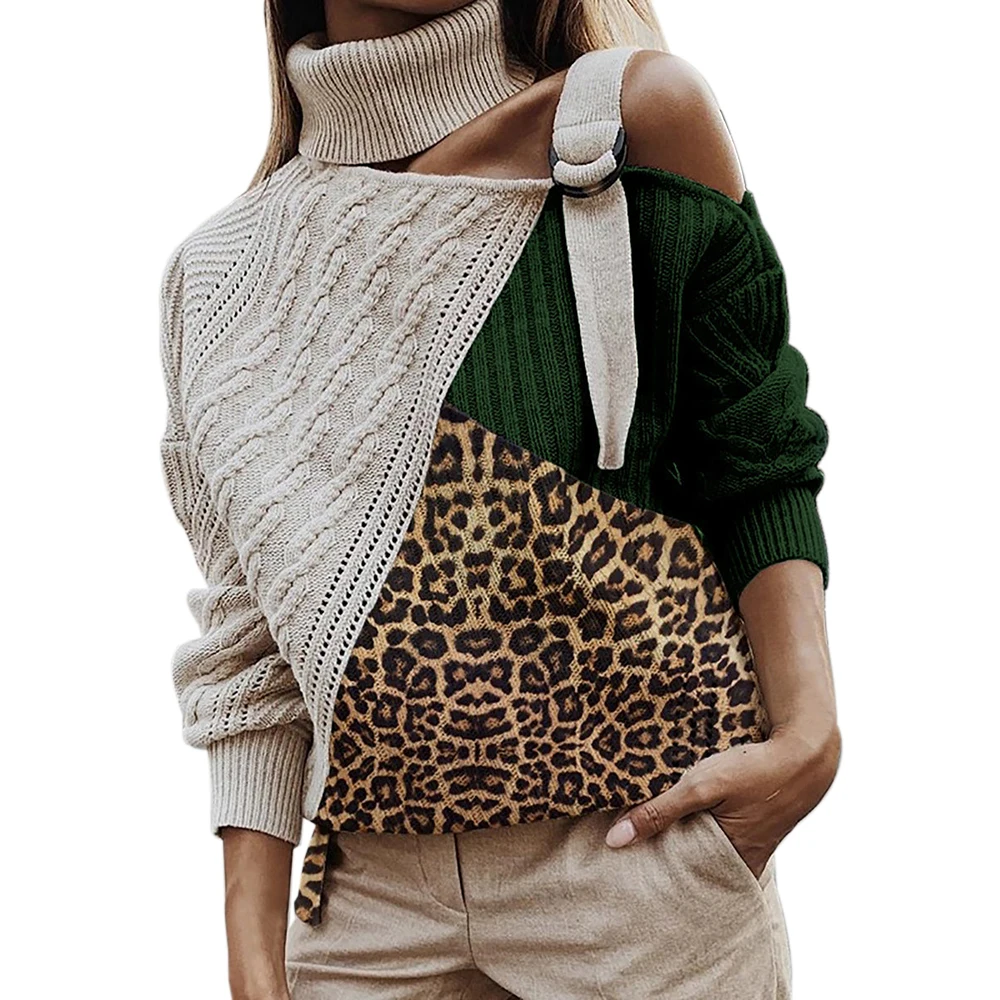 NIBESSER леопардовые Лоскутные Свитера с высоким воротом женские сексуальные с открытыми плечами цветные вязаные свитера пуловер с широкими рукавами Топы - Цвет: C