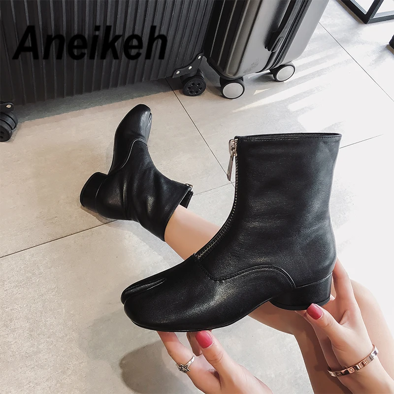 

Aneikeh New 2020 Classic Sexy PU Women Boots Ankle Round Toe Zipper Square High Heel Platform Daily Party Black White Size 35-39