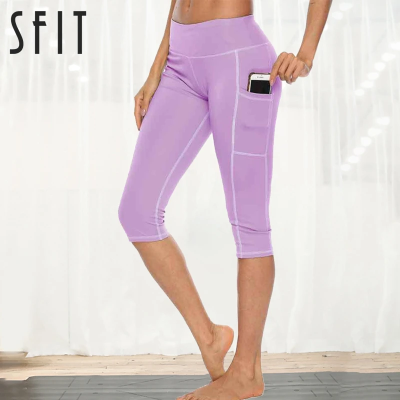 Sfit женские спортивные Капри леггинсы для фитнеса с боковыми карманами высокая