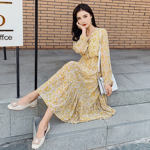 

2019 Autumn Women Flower Printing Chiffon Dress Korean Style V-neck Long Sleeve High Waist Dress Sweet style