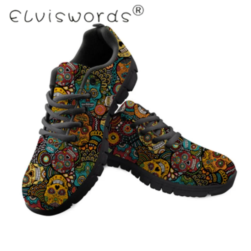 Z3722BAQ ELVISWORDS/Женская обувь на плоской подошве; кроссовки на шнуровке с изображением сахарного черепа; женская обувь для медсестры; прогулочная обувь для взрослых; sapato feminino - Цвет: Z3722BAQ