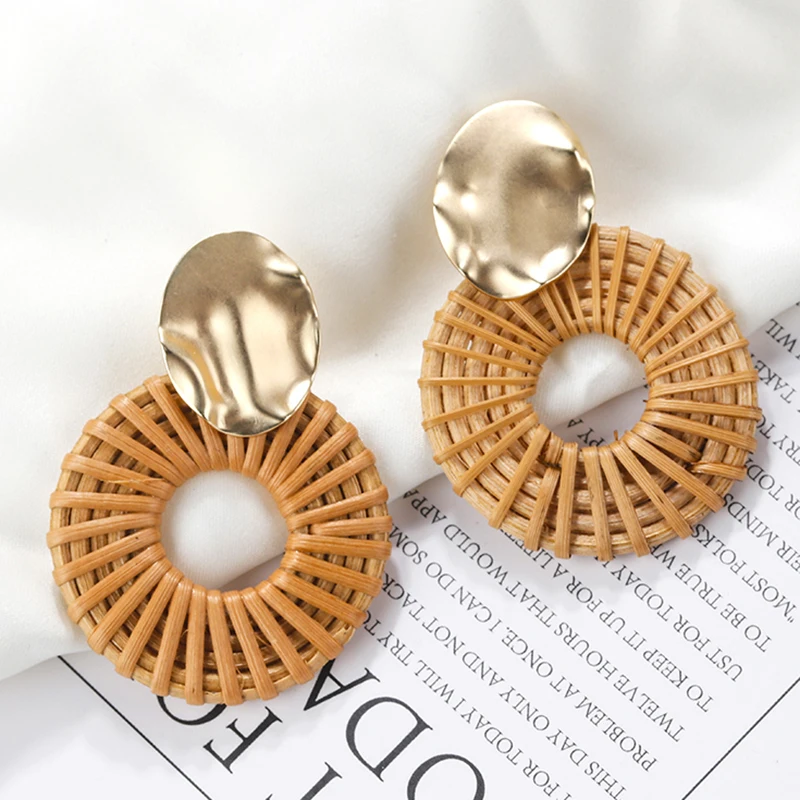 

Fashion Bamboo Rattan Knit Braid Round Earrings Korea 2019 Wooden Long Circle Geometric Earring For Women Fashion Jewelry