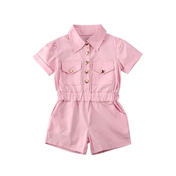 

2020 Fashion Infant Kids Girls Jumpsuits Button Solid Short Sleeve Romper Playsuits Outfits 1-6Y Summer Outfits