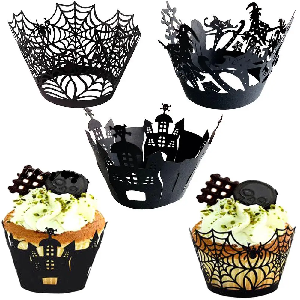 

50Pcs Harmless Hollow Halloween Spider Witch Castle Cupcake Wrapper DIY Baking Cake Decor Safe To Use pastry decoration