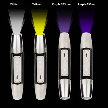 

Portable LED Multi-function Flashlight UV Light Four Light Source White Yellow Product Logo Work with Silver Rechargeable