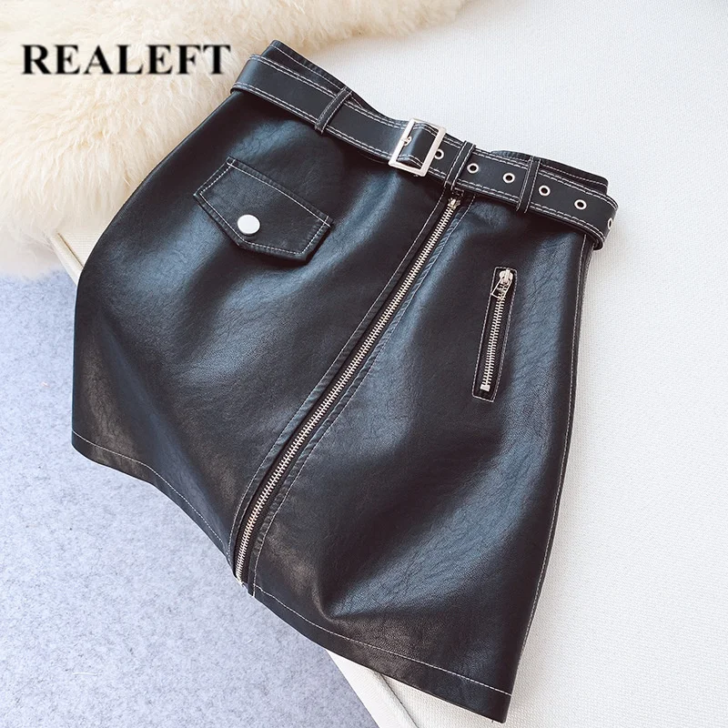 

REALEFT New Arrival Black PU Leather Punk Style A-Line Skater Skirts High Waist Zipper Zipper Wrap Mini Skirts with Belt Pocket