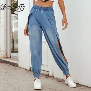 

Benuynffy Streetwear Elastic High Waist Jeans for Women Solid Casual Pocket Side Slit Denim Pants Ladies Washed Harem Jeans