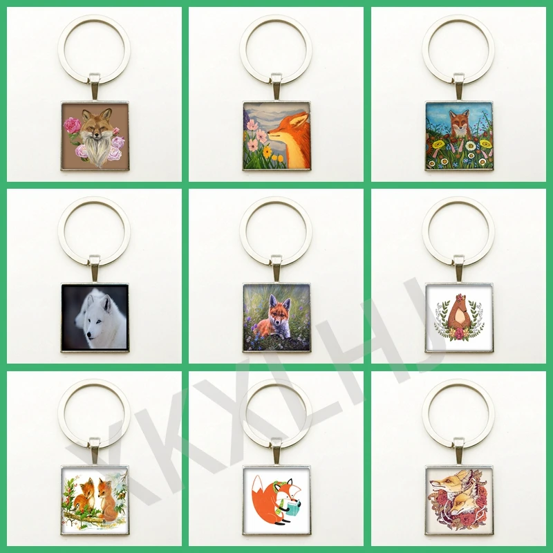 

Vintage Cute Fox and Flower Pattern Square Keychain Glass Convex Circle Demonstrate Flat Back Gift for Woman Key Chain Discovery