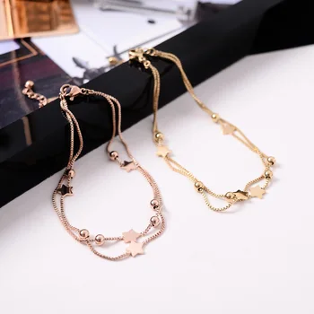 

YUN RUO Fashion Double Layer Star Anklet Box Chain Woman Gift Rose Gold Color Titanium Steel Jewelry Never Fade Drop Shipping