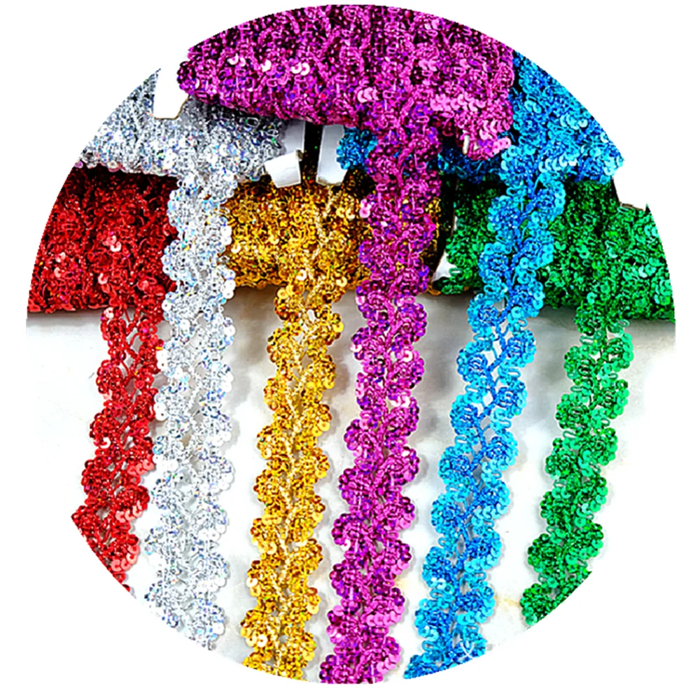 Sequined Embroidery Lace Ribbons Braided Bobbin Lace Scalloped 12 Yards 1'' Wide lace ribbon