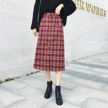 

Vintage Plaid Autumn Winter Skirts Womens 2020 A Line Button Wool High Waist Long Skirts Office Lady Slim Skirts Saia Longa