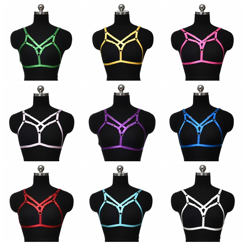 

Women Goth Multicolor Body Harness Bra Hollow Sexy Body Cage Lingerie Suspender Belt Fetish Bondage Elastic Harness Cage