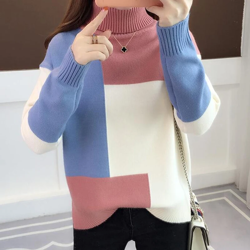 Baratos De gran tamaño suéter de punto de mujer Patchwork rojo de punto cuello alto de invierno Jersey sudadera coreana Casual ropa de abrigo suelto V644