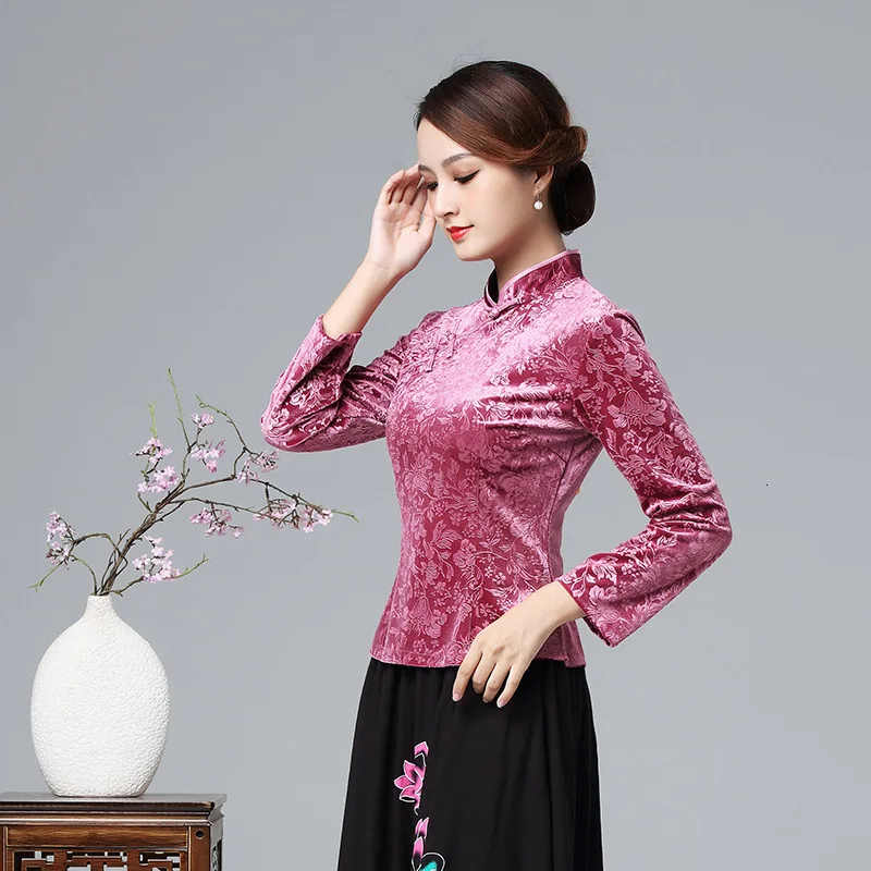 Sheng Coco китайская блузка с длинными рукавами бархатные тканевые рубашки с тиснением фиолетовые традиционные китайские костюмы Топы Ципао 3xl