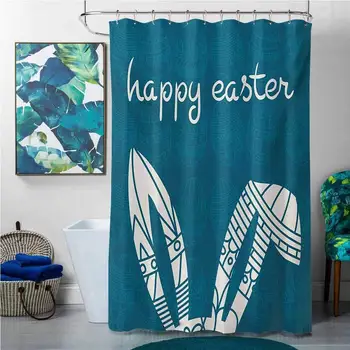 

Shower Curtains red and Blue Easter,Bunny Ears with Ornate Circles and Rectangles on a Dark Toned Egg Background,Cream Petrol